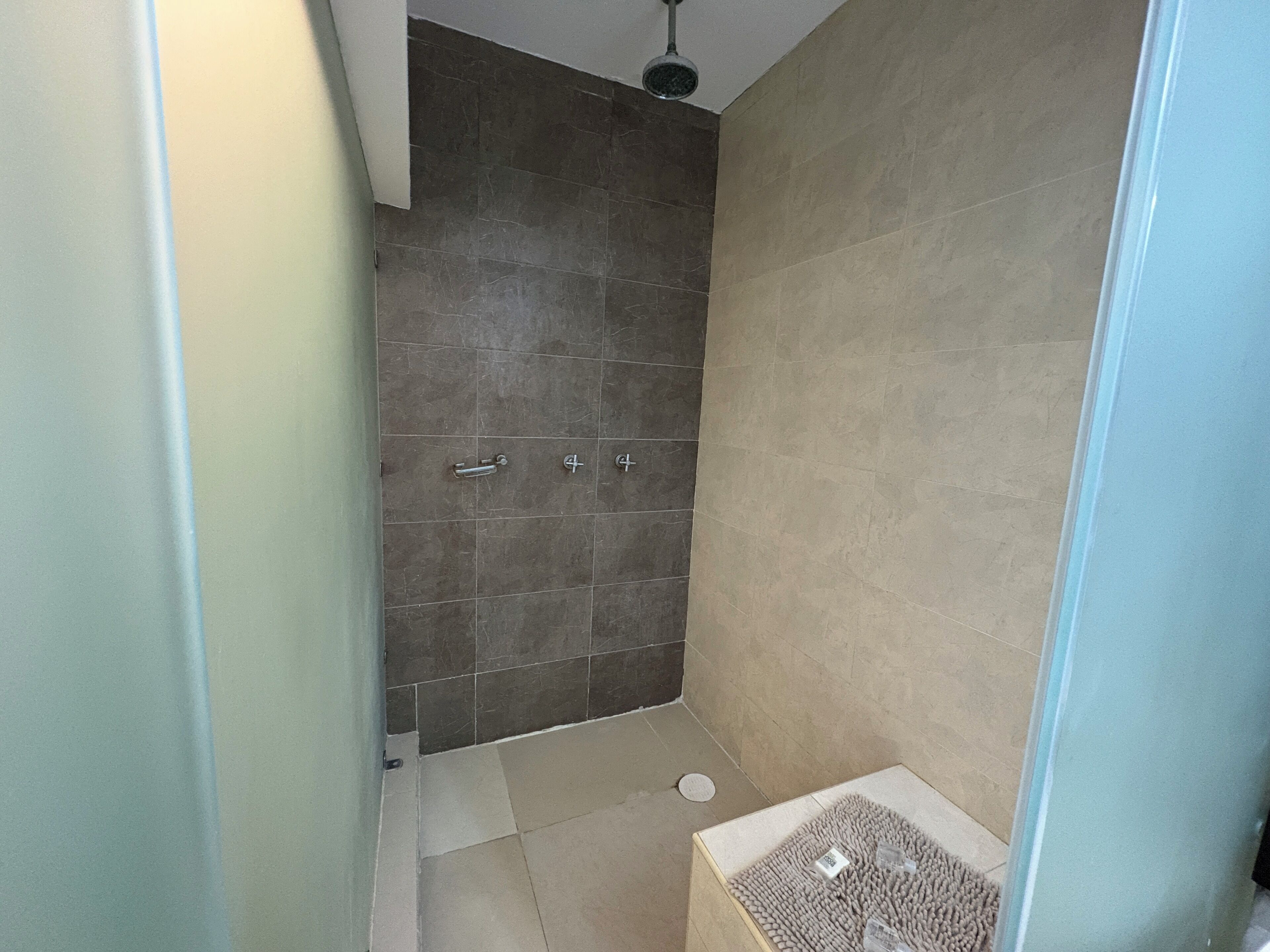 A small, enclosed shower area with tiled walls and floor, a handheld showerhead, and a small rug on the floor.