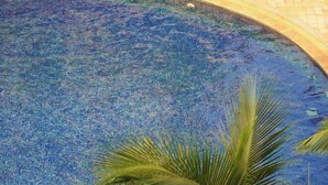 A pool with clear blue water, surrounded by a curved edge and palm trees. - Haikou Manyue Hot Spring Hotel (Hainan University Branch) (Haikou)
