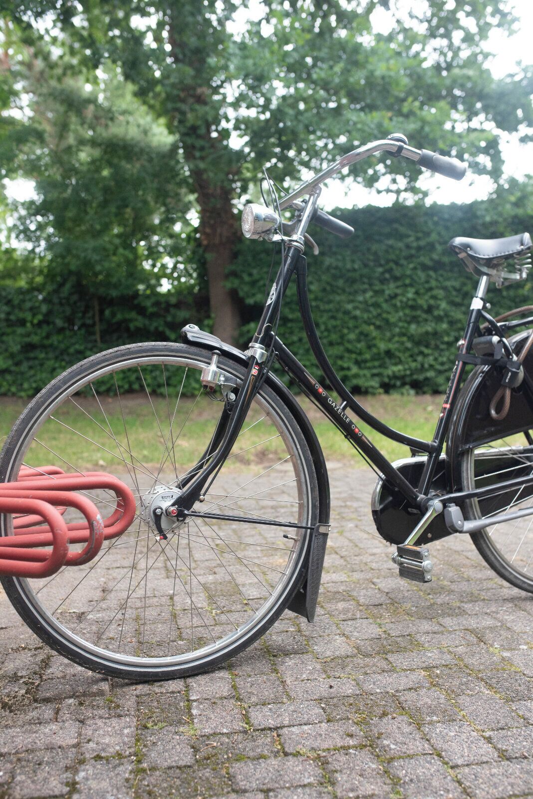 A bicycle with a red cable lock attached to the rear wheel, parked on a paved surface.