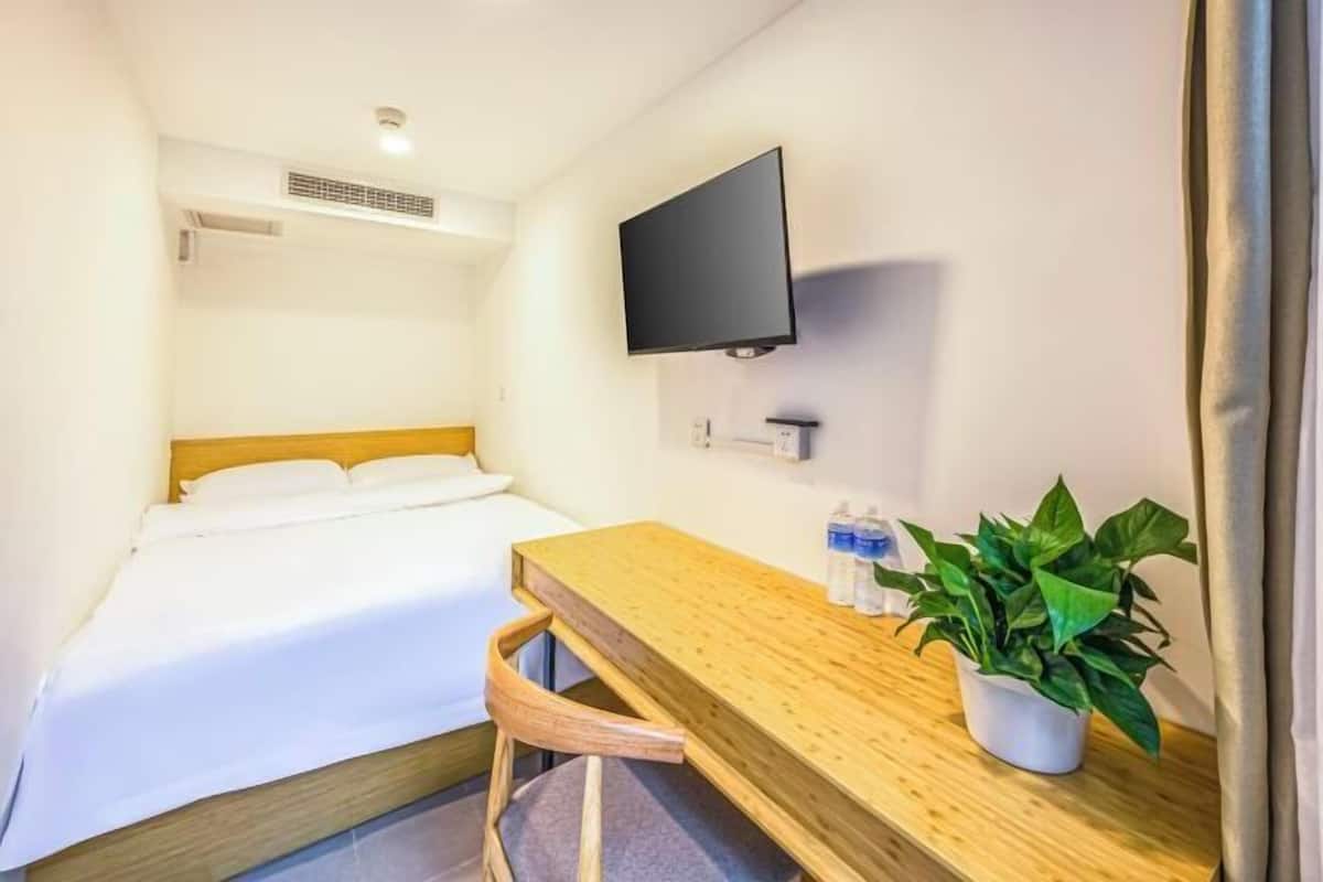 Une chambre d’hôtel de taille modeste, comprenant un lit simple, un bureau en bois, un téléviseur fixé au mur et une plante en pot.