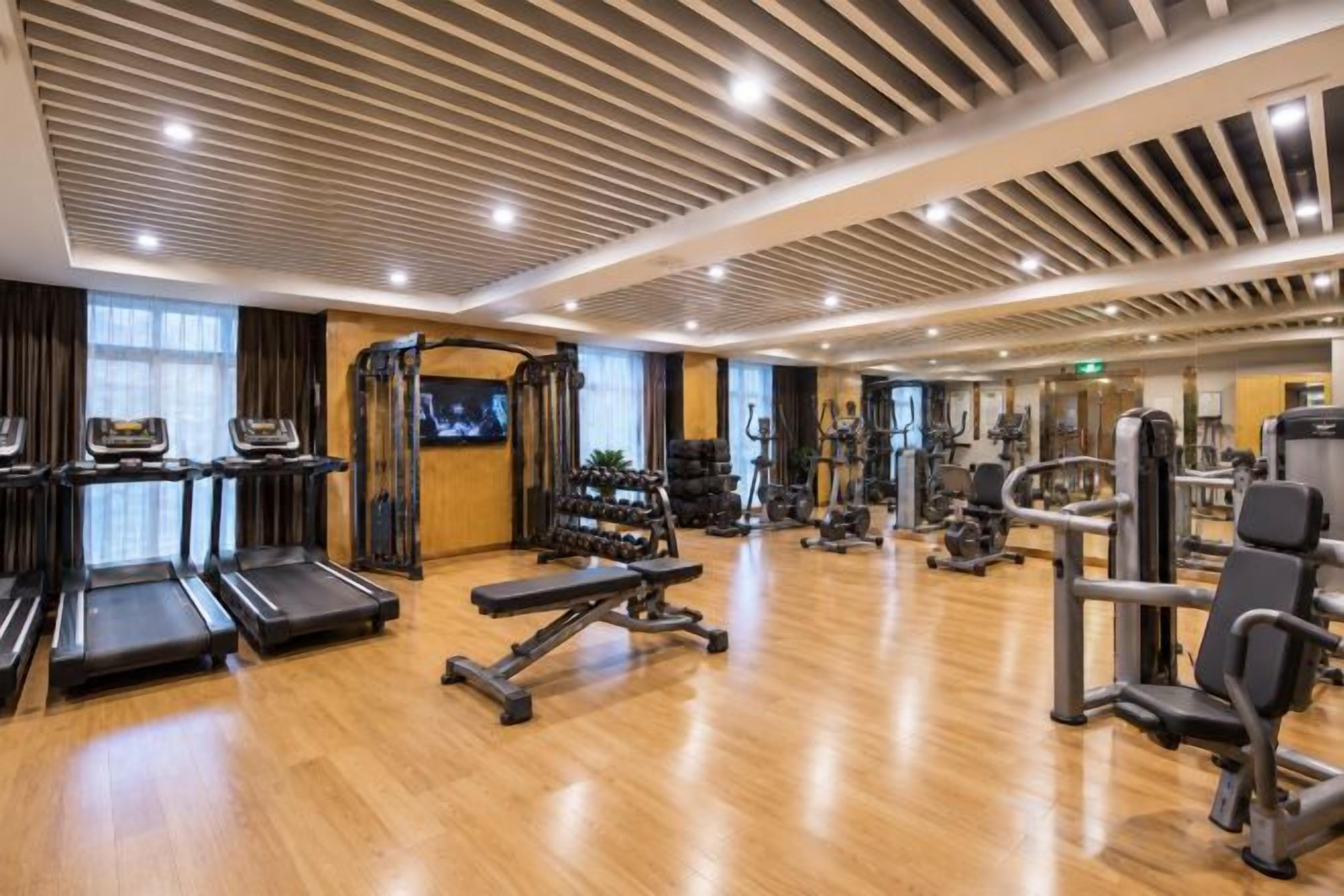 A gym with treadmills, weight machines, and a mirrored wall.