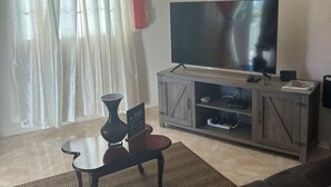 Een woonkamer met een flatscreen televisie op een houten kast, een donkergrijze bank, een klein tafeltje met een vaas, en lichte gordijnen met een rode accentkleur.