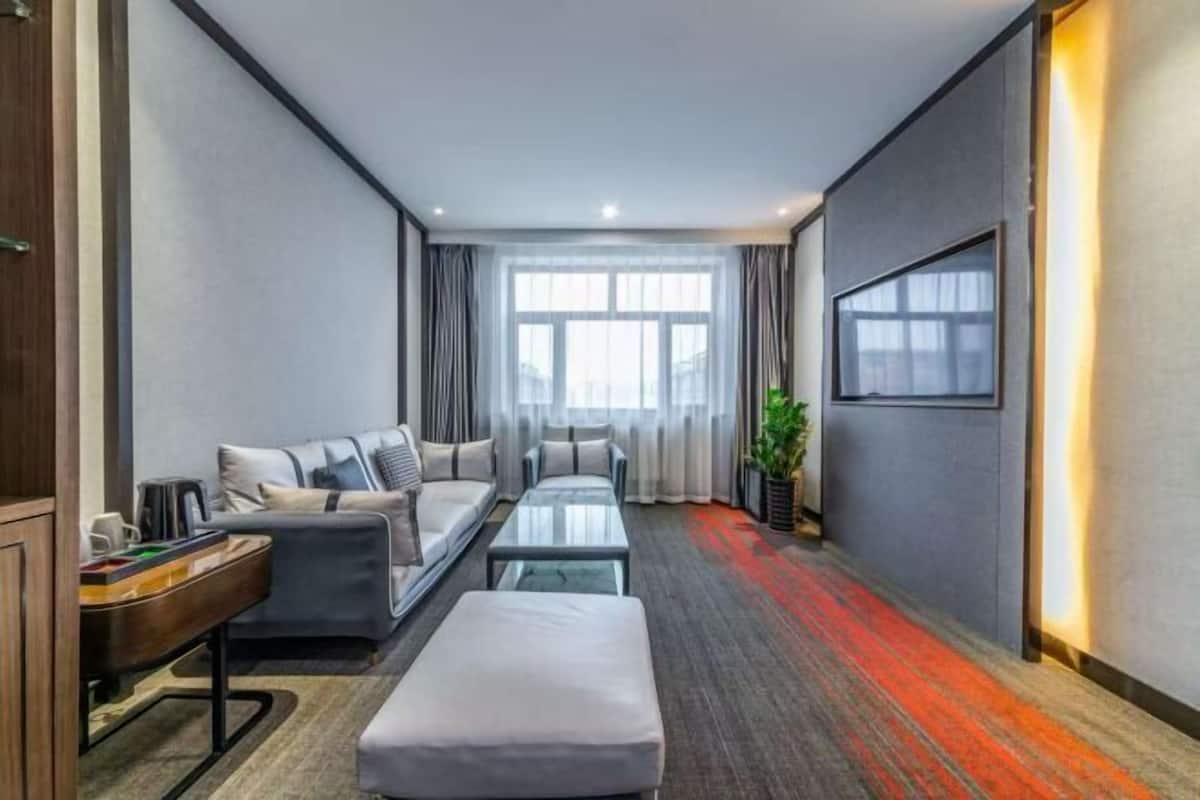 Een moderne hotelkamer met een bank, een salontafel, een televisie en een groot raam met gordijnen.