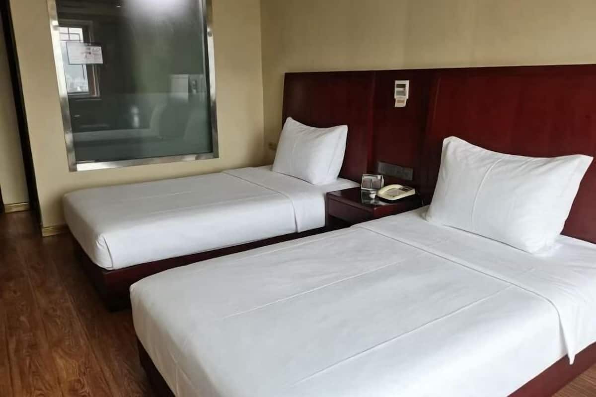 Une chambre d’hôtel avec deux lits simples, une tête de lit en bois, une table de chevet avec un téléphone et une fenêtre donnant sur un paysage agréable.