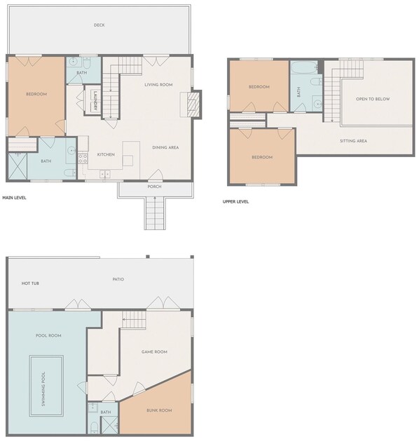 A hotel layout with a deck, living room, dining area, kitchen, two bedrooms, two bathrooms, a sitting area, and a game room. - Indoor Pool,Arcades,Pets,PingPong,Ample Parking (Sevierville)