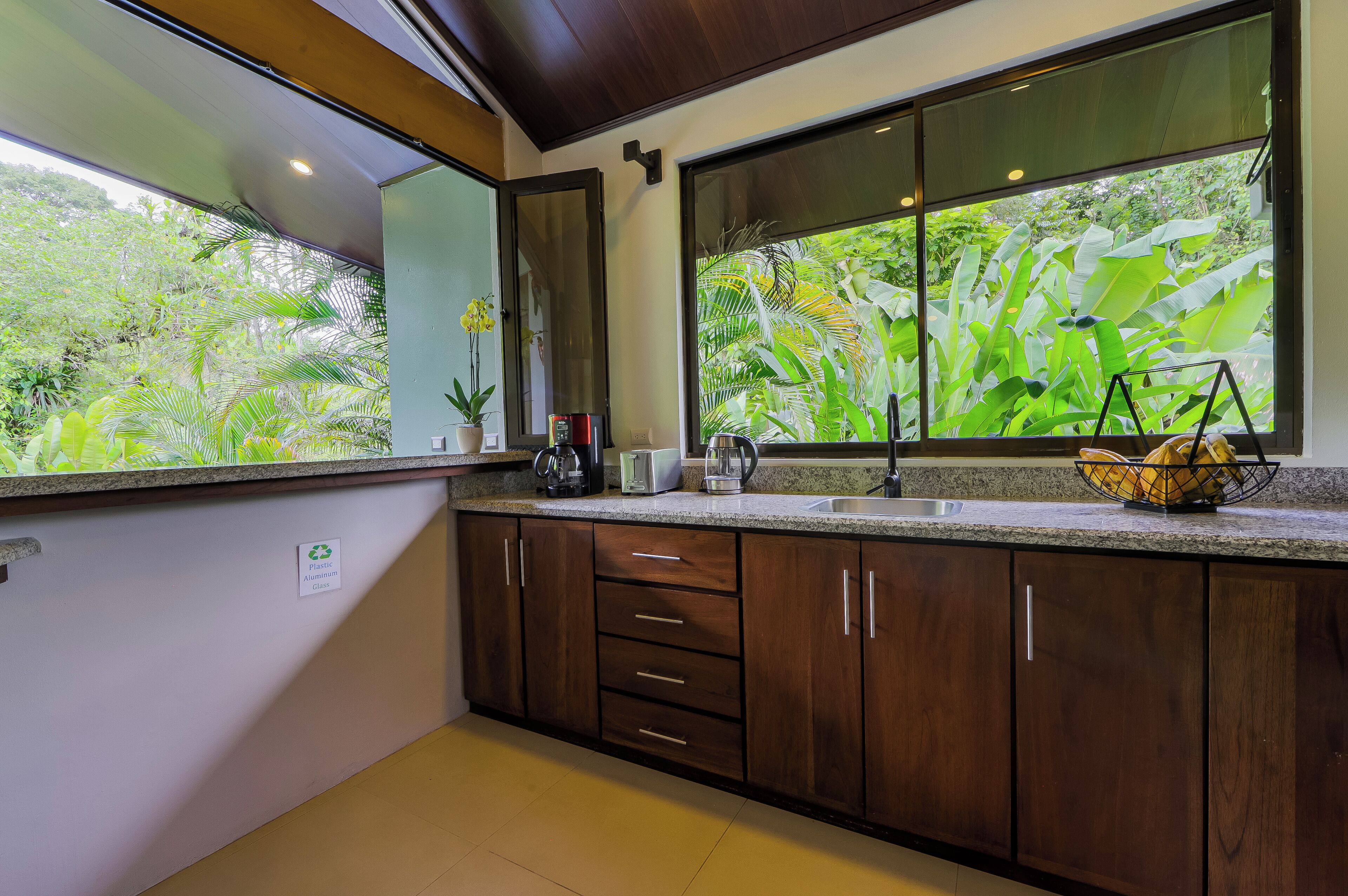 A modern kitchen with dark wood cabinets, a granite countertop, and a large window offering a view of lush greenery.