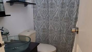 Hair dryer, towels, soap, shampoo