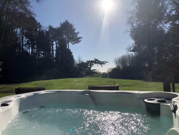 A hot tub in a backyard with a grassy lawn and trees.