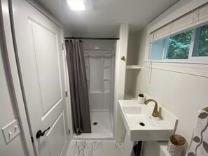 Shower, eco-friendly toiletries, hair dryer, towels