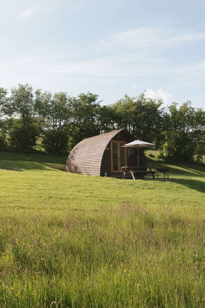 A small wooden cabin with a curved roof, a door, and a bench outside.