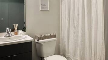 Hair dryer, towels, soap, toilet paper