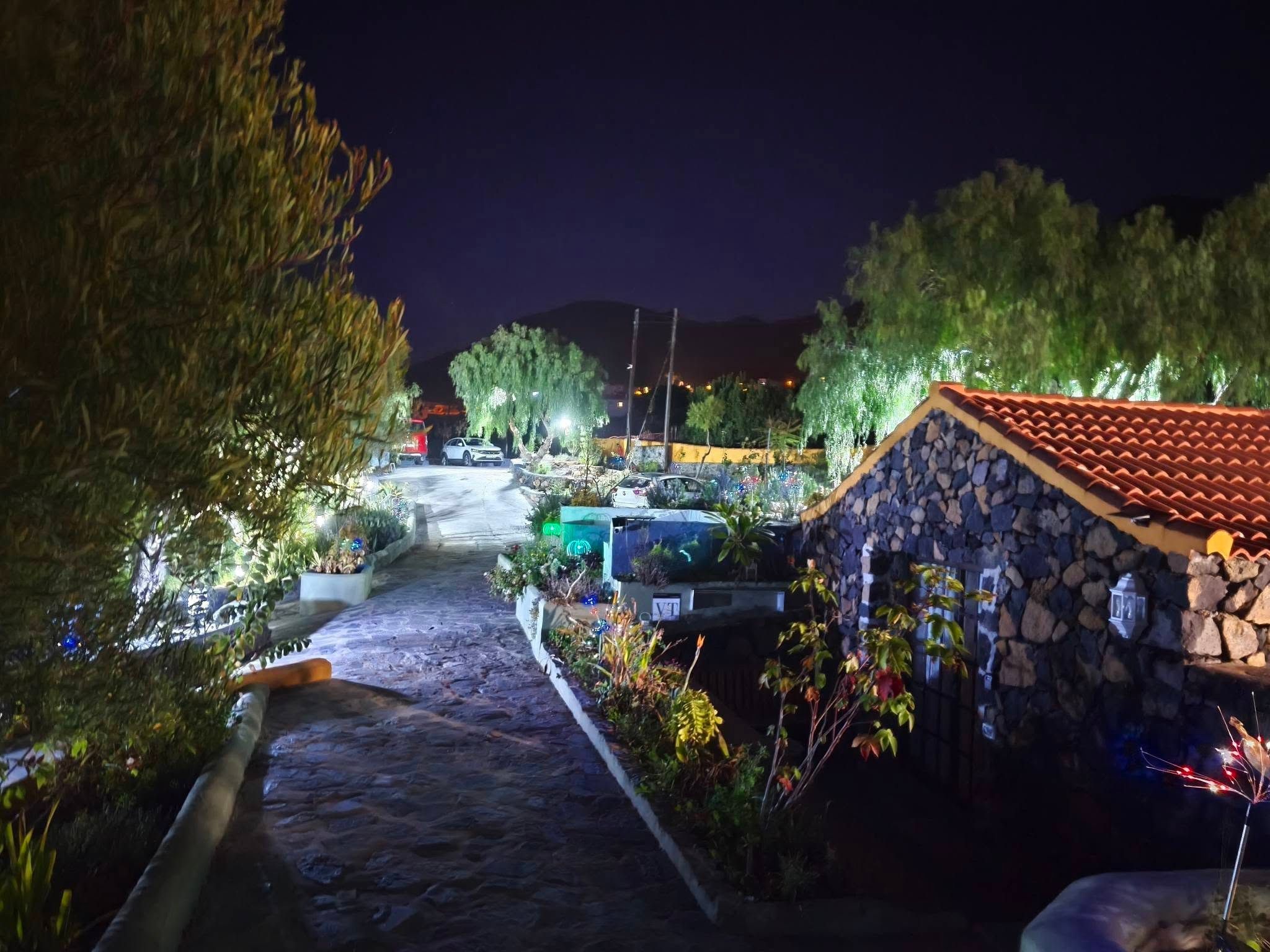 Vue nocturne d’une cour avec un chemin de pierre menant à un bâtiment dont le toit est recouvert de tuiles.