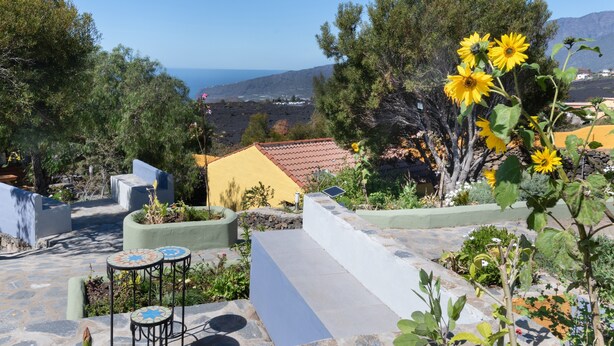 Eine Dachgartenanlage mit Sitzgelegenheiten im Freien, Blick aufs Meer und umliegender Bepflanzung.
