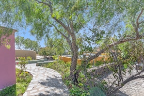 A paved pathway leading through a garden area with trees and a building in the background. - Holiday Home 'La Cabaña Del Atardecer' with Sea View, Wi-Fi and Air Conditioning (Los Llanos de Aridane)