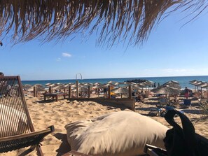 Una playa con tumbonas, sombrillas y una vista despejada del océano.