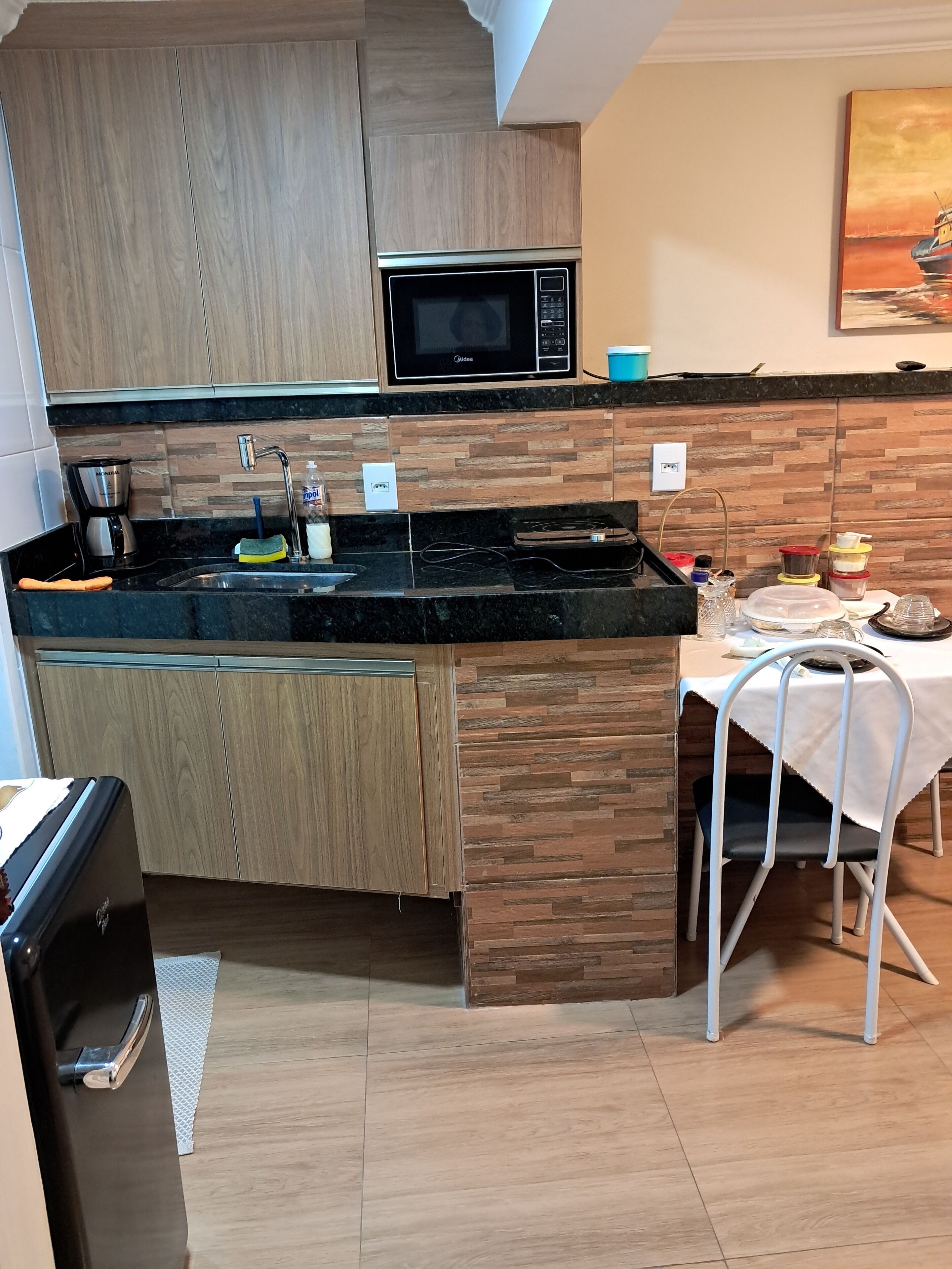 Microwave, blender, cookware/dishes/utensils