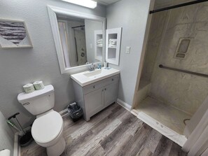 Shower, hair dryer, towels, shampoo