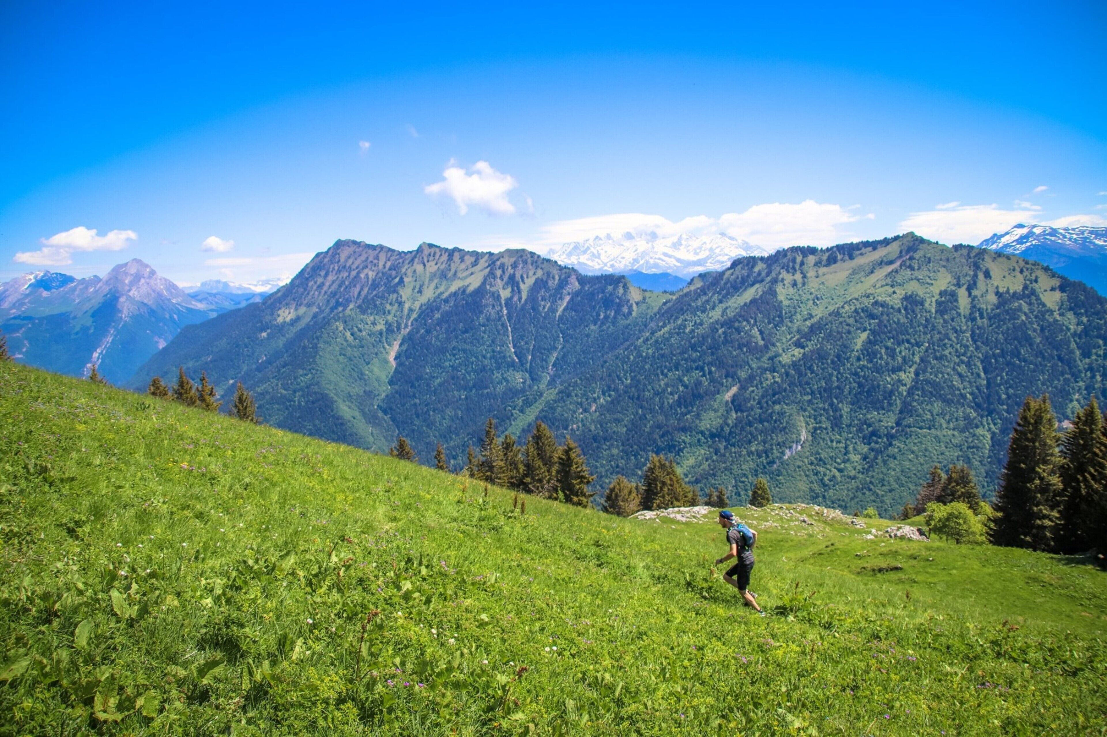 Ein Wanderer auf einer grasbewachsenen Hügelkuppe mit einem Gebirgszug im Hintergrund.
