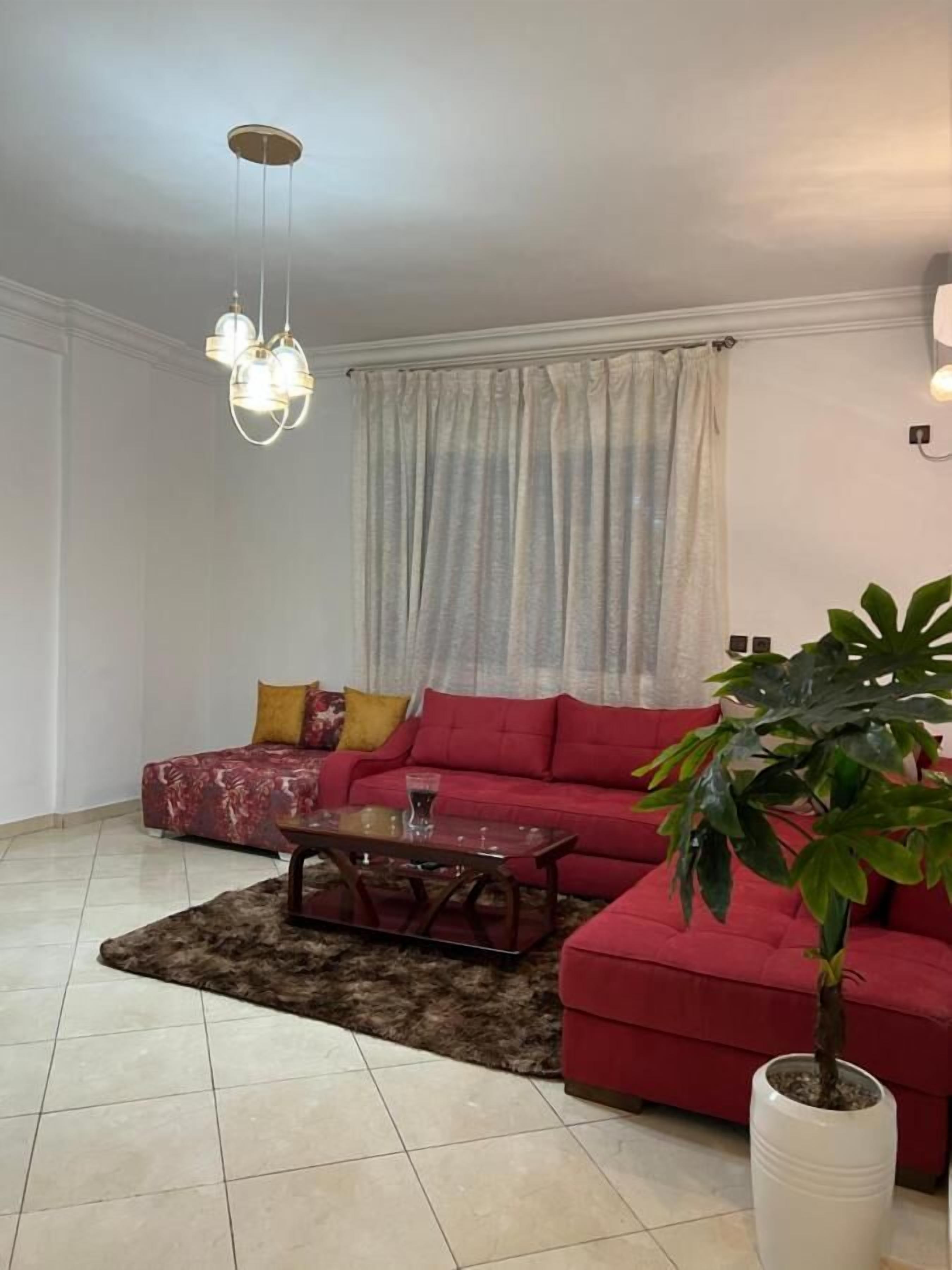 A living room with a red sofa, a coffee table, a potted plant, and a chandelier.