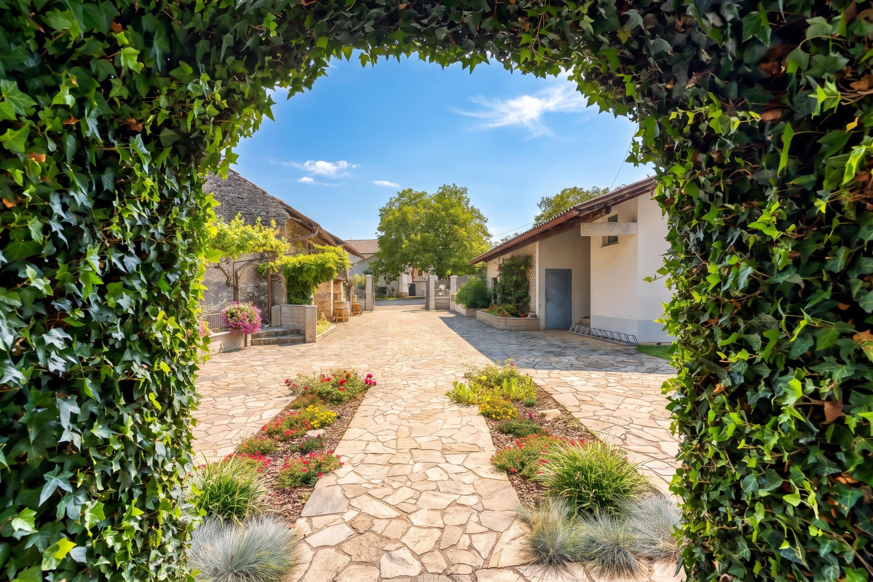 Un patio empedrado con un camino central, rodeado de edificios y vegetación.
