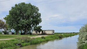 Una casa con un árbol grande al frente, un cobertizo pequeño y un río.