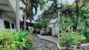 En sti af brosten der snor sig gennem en frodig have med forskellige planter og en pergola.