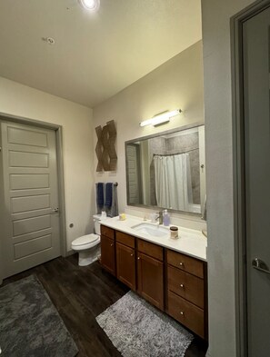 Features a sleek vanity, large mirror, and wooden cabinet.