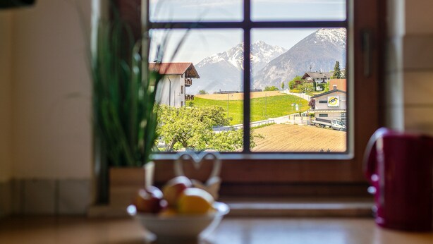 A window view of a mountain landscape with a house and a field. - Group home on a farm only 80 m from the ski bus (Reith im Alpbachtal)