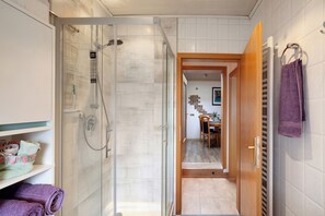 Shower, hair dryer, towels