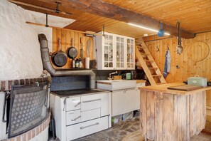 Fridge, stovetop, electric kettle, toaster