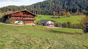 Una baita di legno con un balcone, immersa in un paesaggio verde e una collina boscosa.