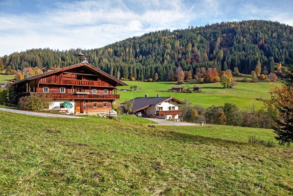 A wooden chalet with a balcony, surrounded by a green landscape and a forested hill.