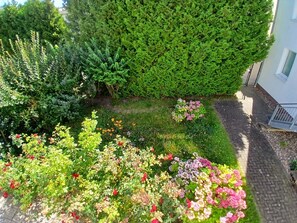Un jardin avec différentes plantes et fleurs, un chemin pavé et un bâtiment en arrière-plan.