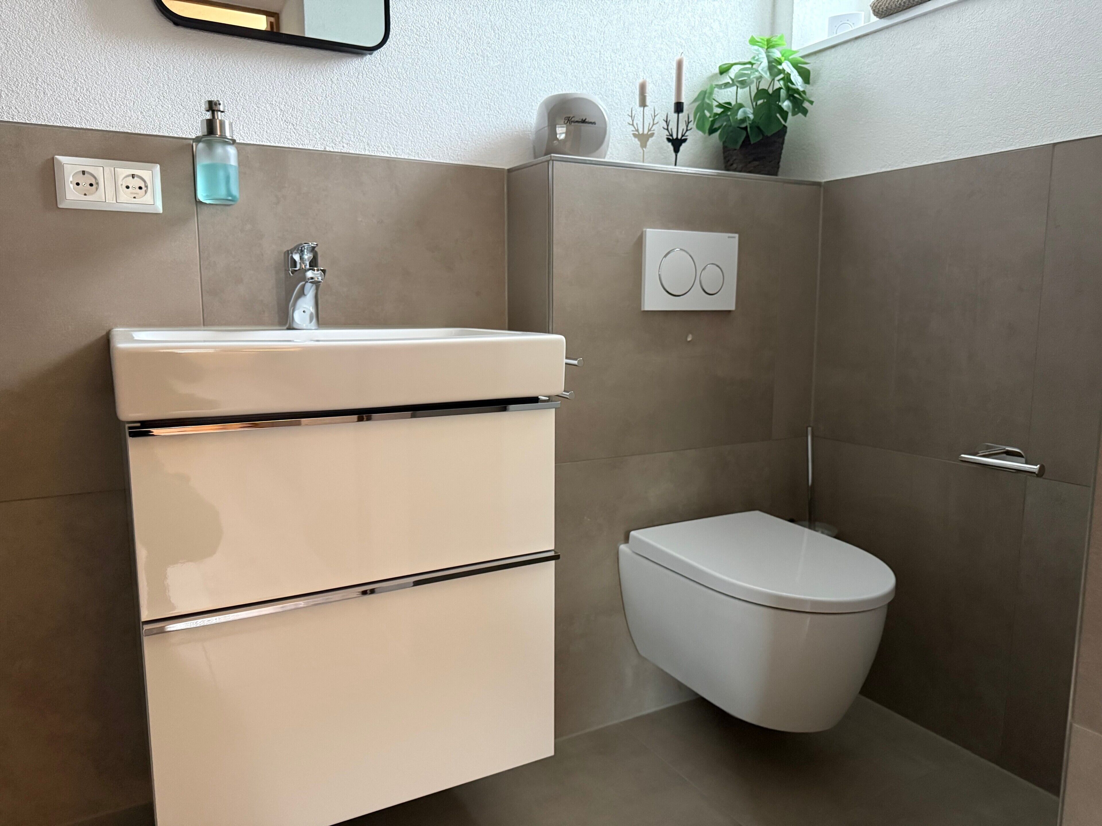 Une salle de bain moderne avec un lavabo, un robinet et des toilettes blancs, un miroir et une plante en pot.