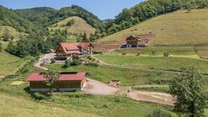 A rural setting with a large house, smaller buildings, and a fenced area with cows. - Apartment ‘Tannenhöhe’ with mountain view, balcony and Wi-Fi (Oppenau)