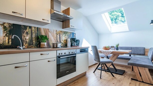 A modern kitchen with a built-in oven, a dining area with a gray sofa, and a view of trees through a skylight. - Apartment ‘Tannenhöhe’ with mountain view, balcony and Wi-Fi (Oppenau)
