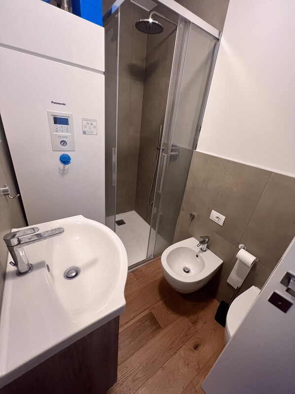 A bathroom with a white sink, a bidet, a glass-enclosed shower, and a control panel for water temperature and flow.
