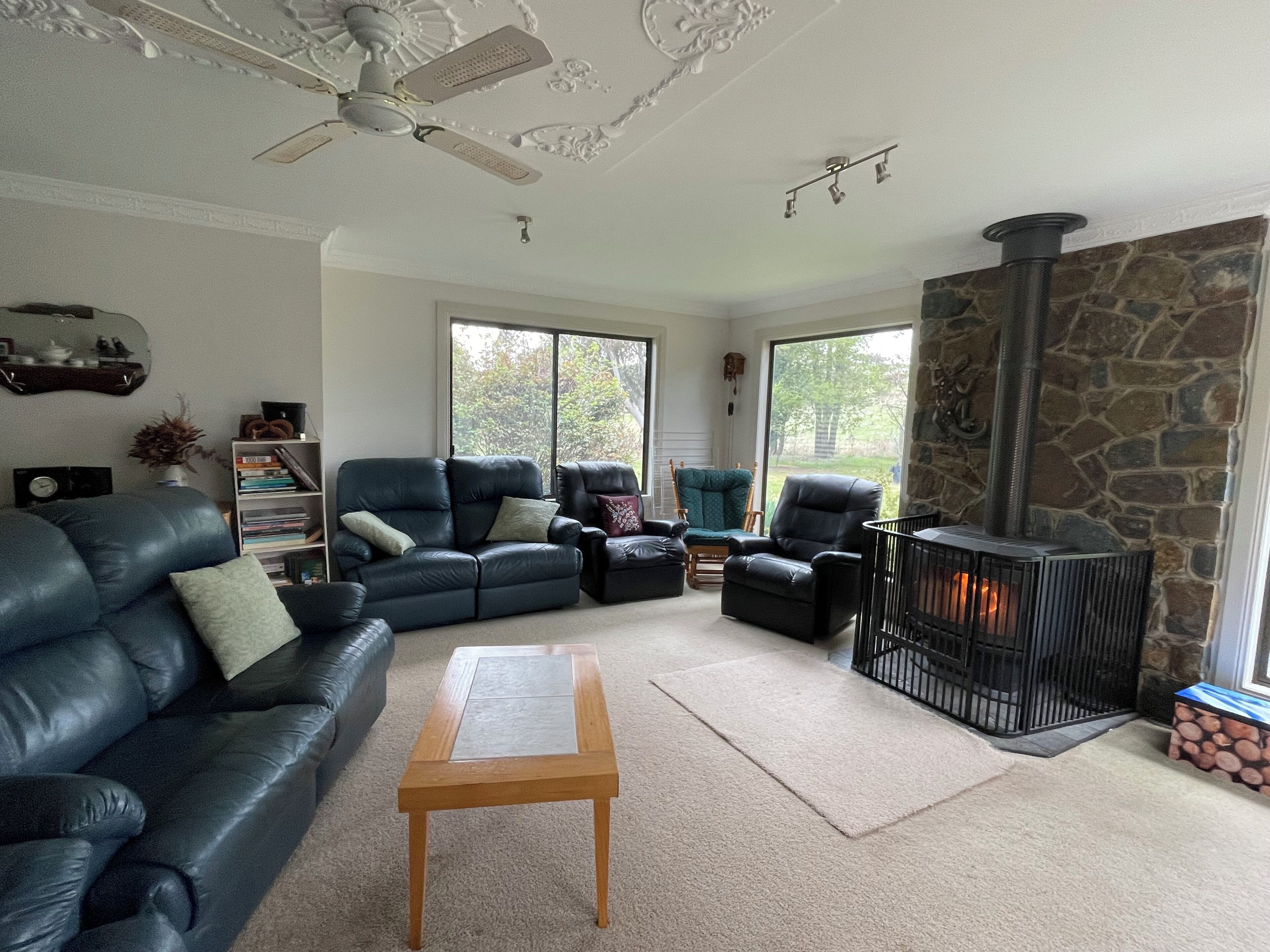 Smart-tv, eldstad och böcker