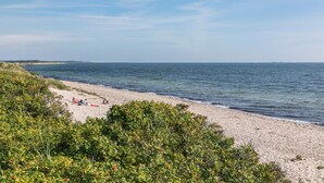 A beach with clear skies, calm water, and greenery along the shore.