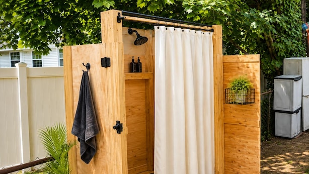 A wooden outdoor shower with a white curtain, a towel hanging on a hook, and a small shelf with bottles. - Vintage Rv & Spa Experience for 3 (Dover)