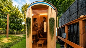 A wooden sauna with two benches, surrounded by greenery and a black mesh wall. - Vintage RV & SPA Experience for 3 (Dover)