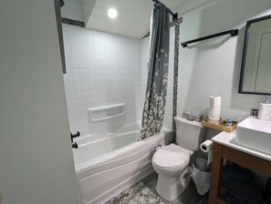 Hair dryer, bidet, towels, soap