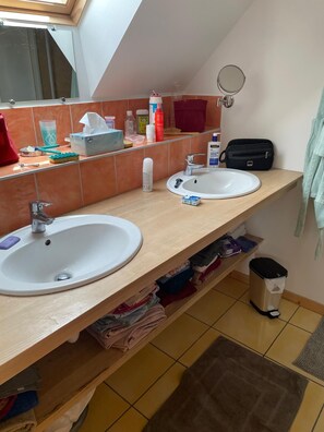 Chuveiro, secador de cabelo, sabonete, papel higiênico