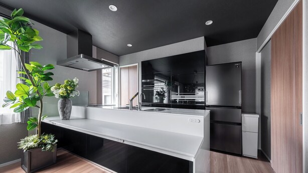 A modern kitchen with a white countertop, black cabinets, and a built-in oven. There is a potted plant on the left side. - THE OBSIDIAN  (Sapporo)