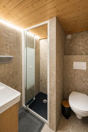 A bathroom with a shower, toilet, and sink. - Stunning apartment with breathtaking view! (Huez)
