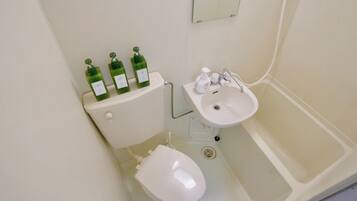 Hair dryer, bidet, towels, soap