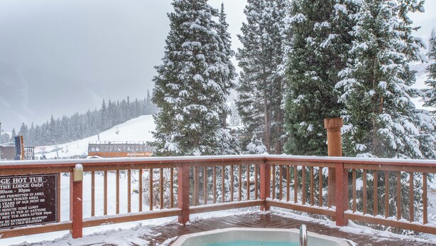 Een houten terras met een jacuzzi, omgeven door met sneeuw bedekte bomen.