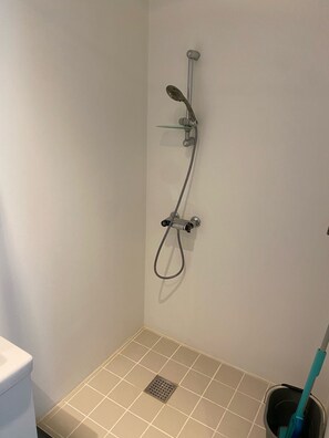 Regadera, toallas, jabón, papel de baño