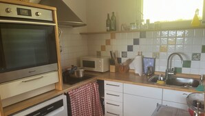 Eine kompakte Küche mit Einbauofen, Mikrowelle und Geschirrspüler.