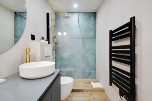 Regadera, secadora de cabello, toallas, shampoo 